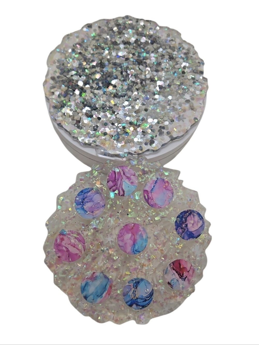 Handmade Resin Paperweight & Drink Coaster Set Blue Gold Pink Purple Fluid Art